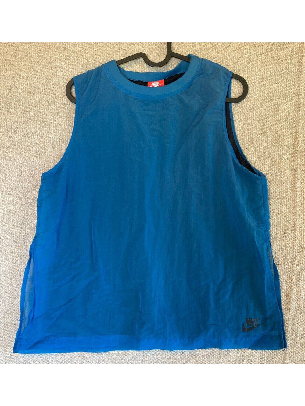 Nike Women Activewear Top MEDIUM Blue Cropped Shirt Mesh Swoosh Logo Crew Neck